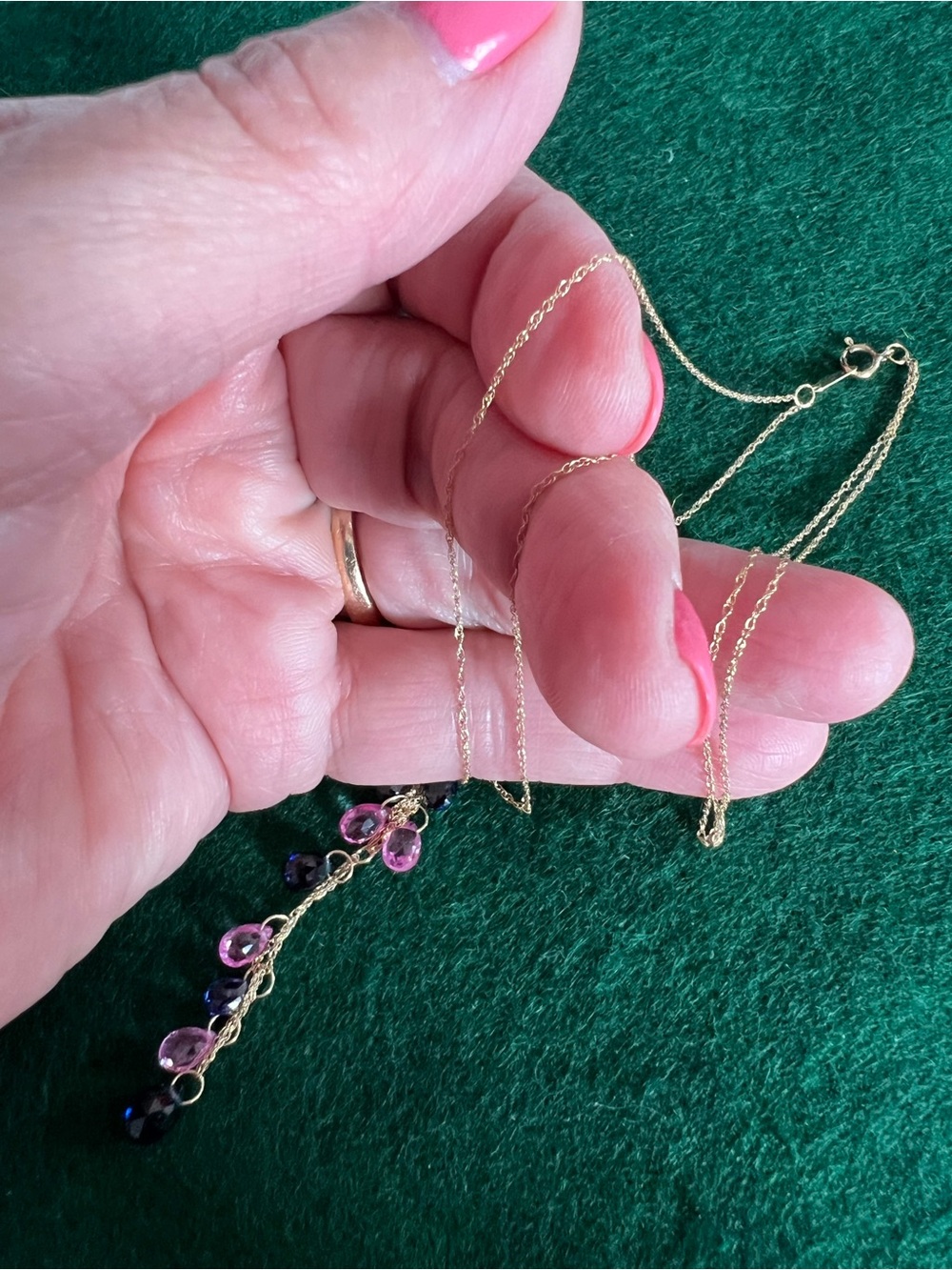 Vintage 10k Solid Gold Pink & Blue Sapphire Briolette Necklace and Earrings Set - Picture 5 of 14
